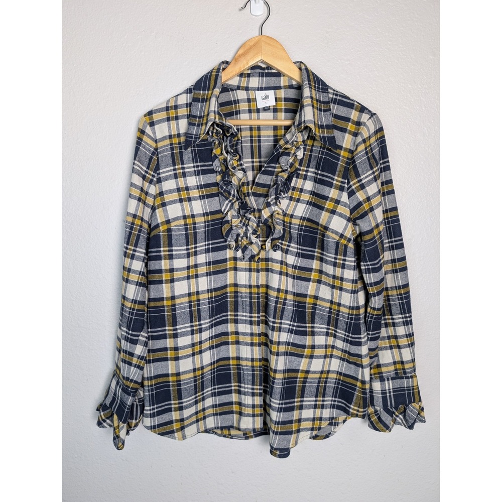 CAbi Button-Up Womens S Blue Plaid Ruffle Collared Long Sleeve Flannel